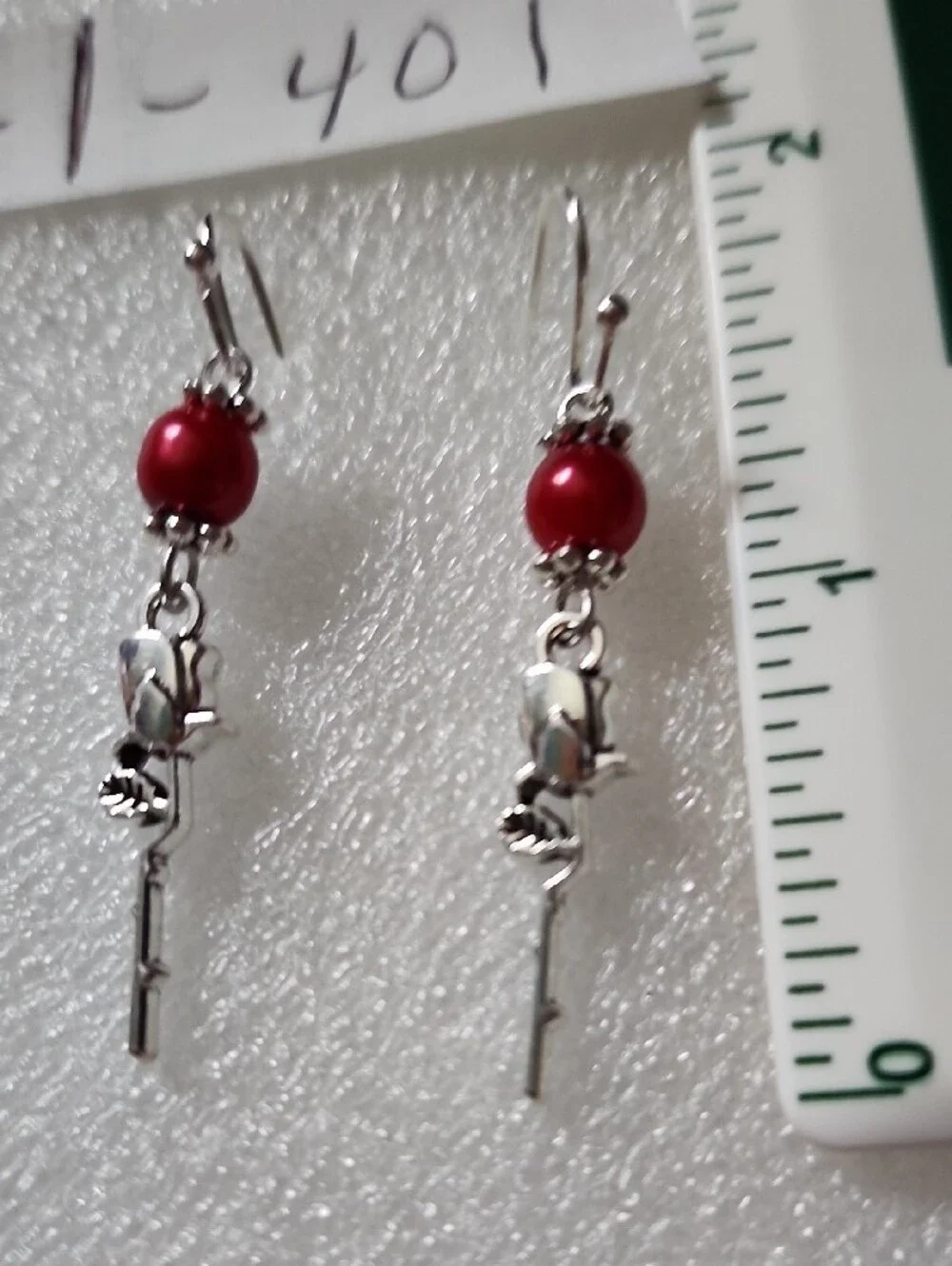 Hand Crafted Red Bead Silver Rose Dangle Earrings - Picture 3 of 3